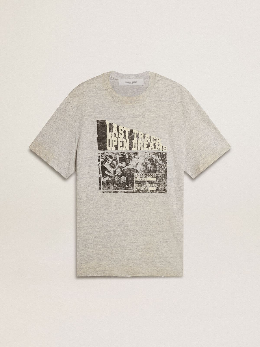 graues herren-t-shirt im vintage-stil mit aufdruck auf der vorderseite