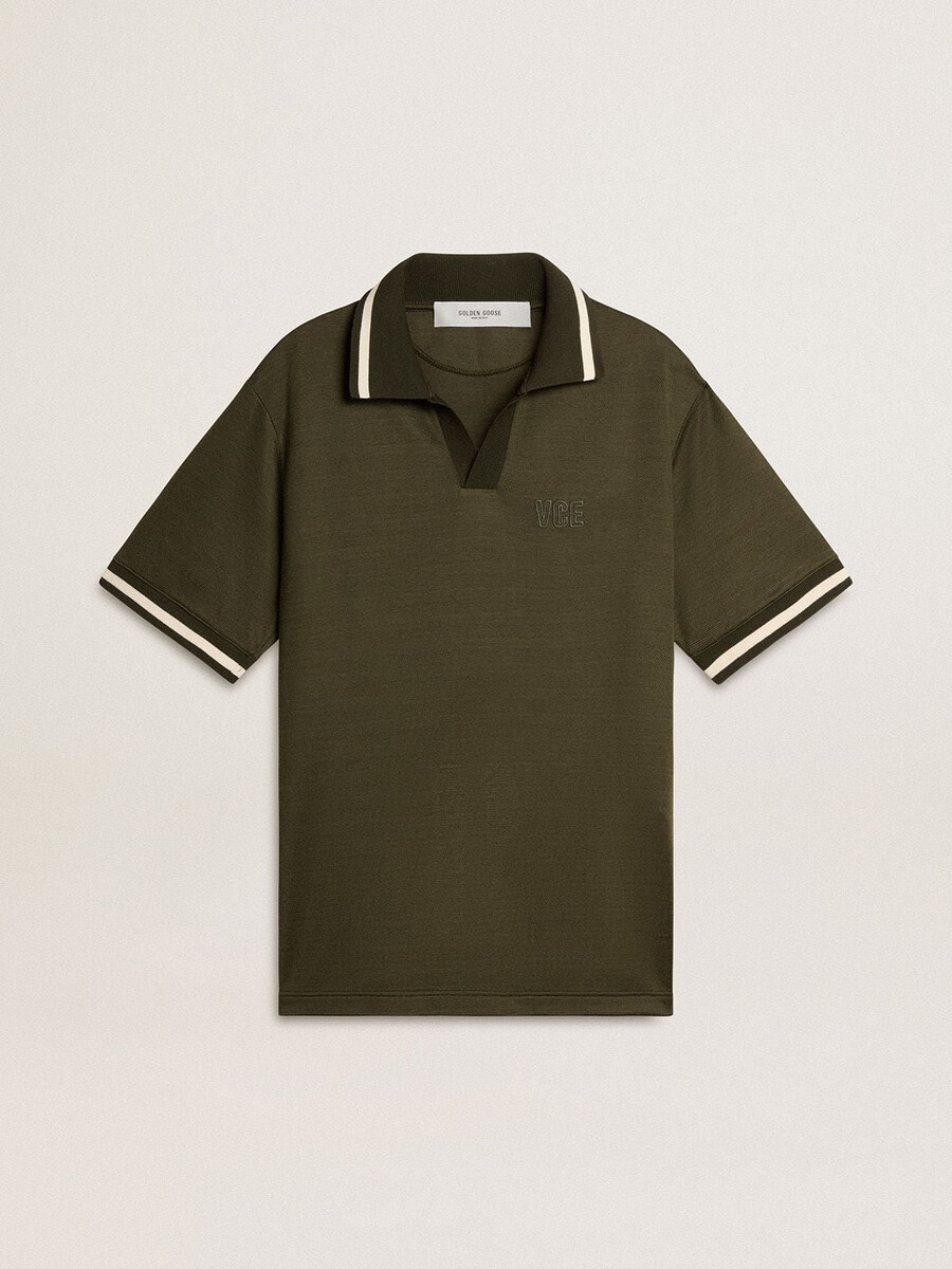 polohemd aus olivgrünem jersey mit stickerei für herren