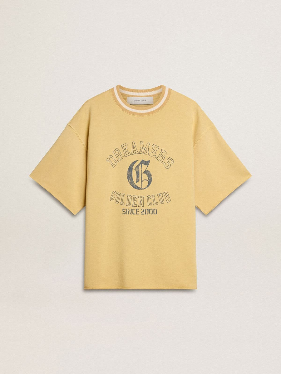 Übergroßes gelbes baumwoll-t-shirt für herren mit blauem aufdruck