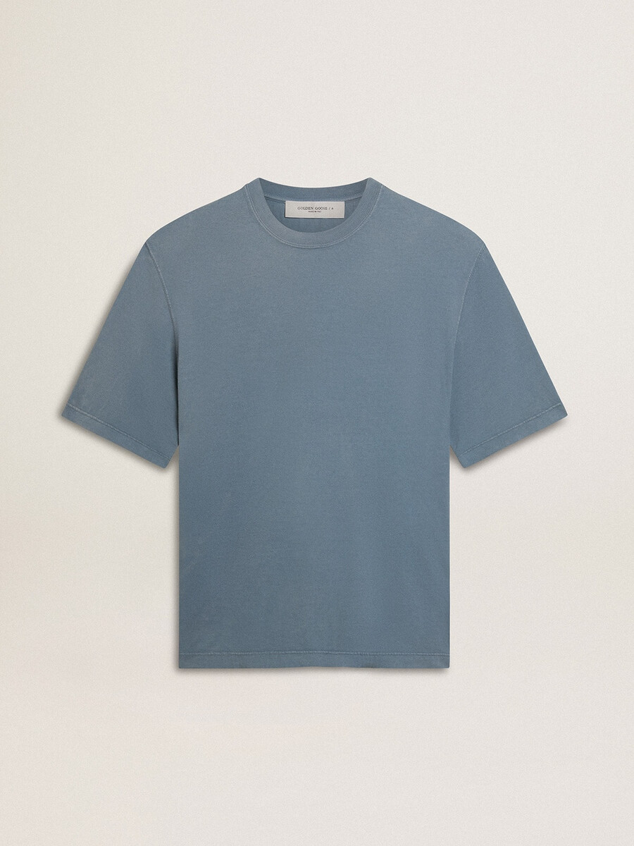 unisex-baumwoll-t-shirt in hellblau mit umgekehrtem aufdruck auf der rückseite