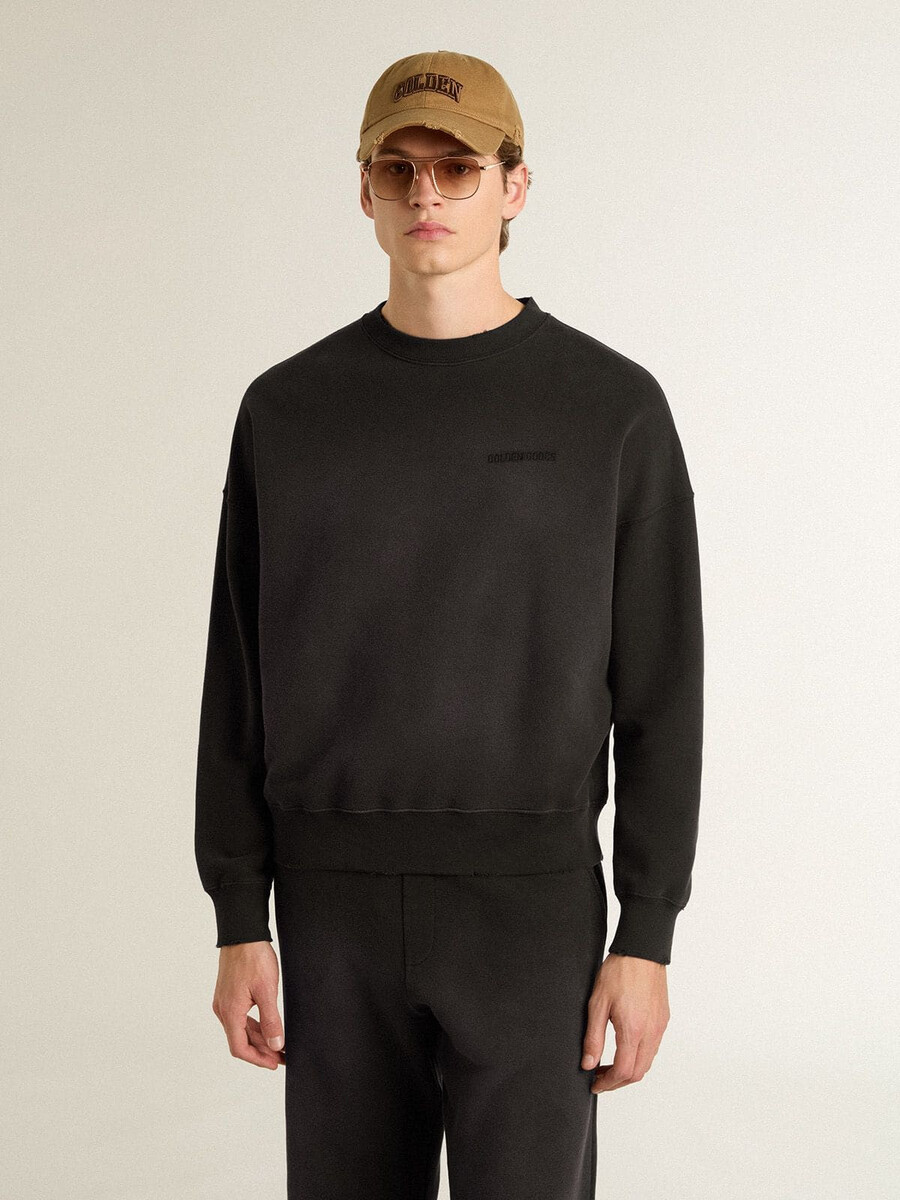 unisex-sweatshirt aus verwaschenem schwarzem baumwollstoff mit logostickerei