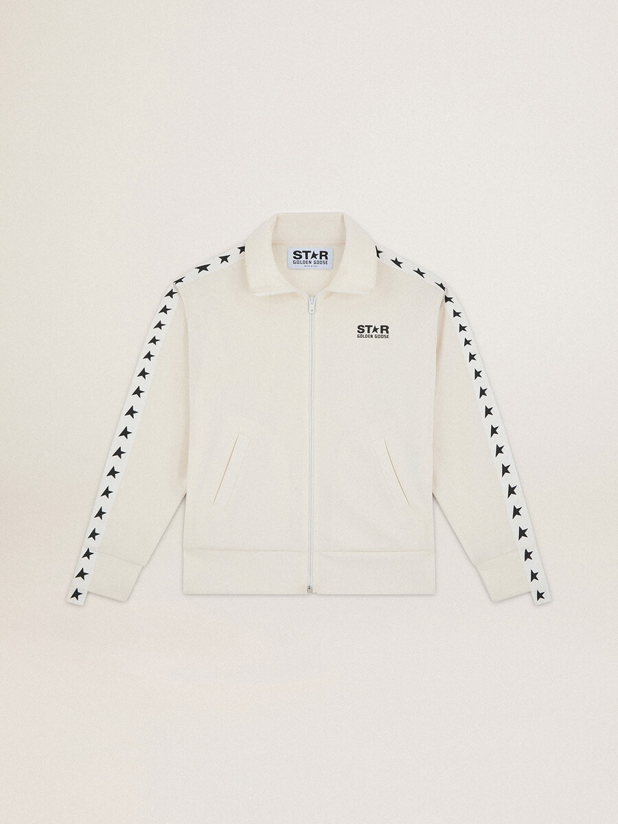 weißes damen-sweatshirt mit reißverschluss weißem streifen und schwarzen sternen