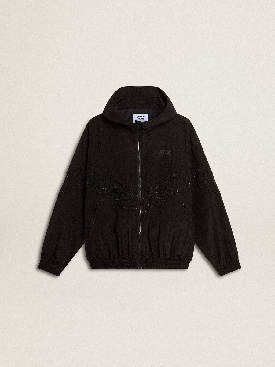 damen-windjacke aus schwarzem nylon mit ton-in-ton-kristallen