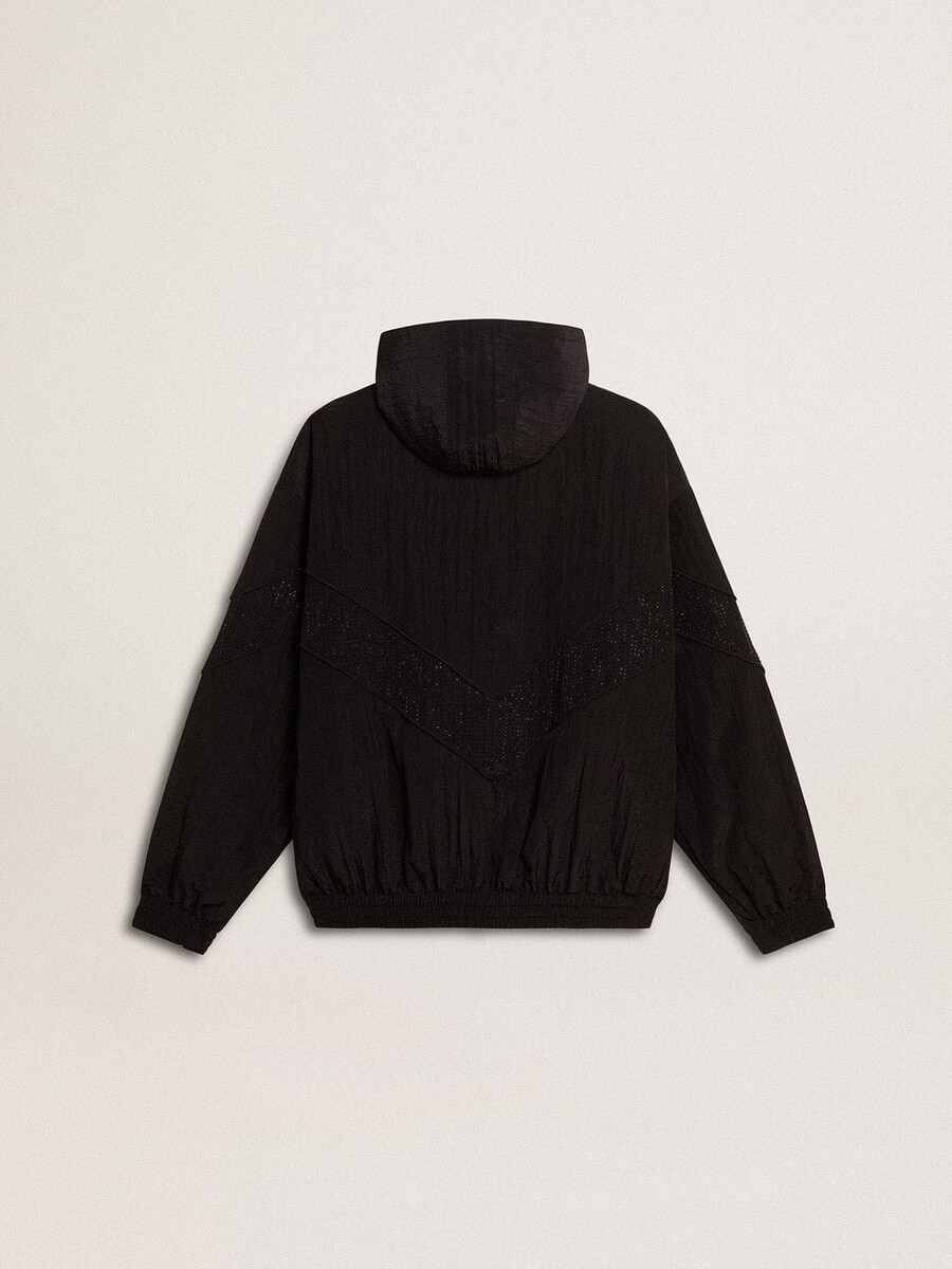 damen-windjacke aus schwarzem nylon mit ton-in-ton-kristallen