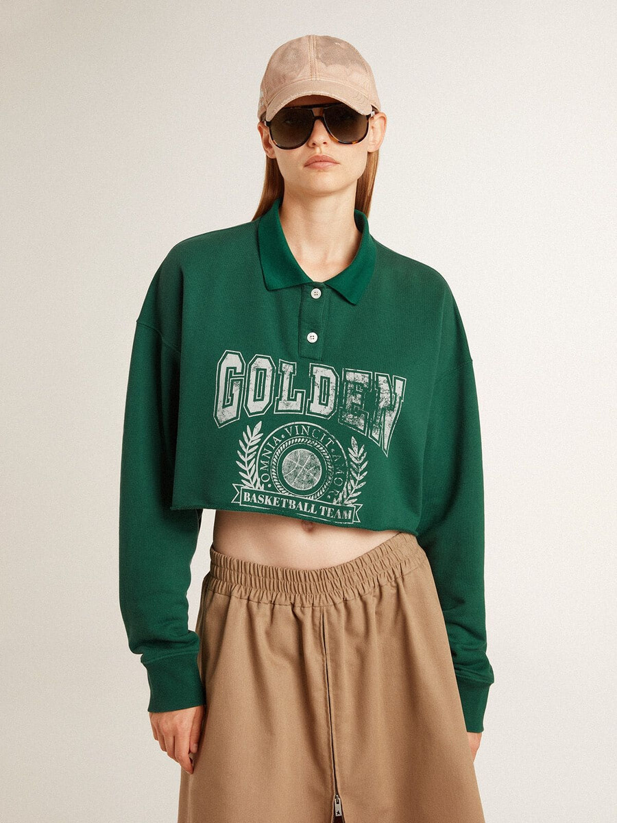 grünes kurzes damen-polo-sweatshirt mit aufdruck