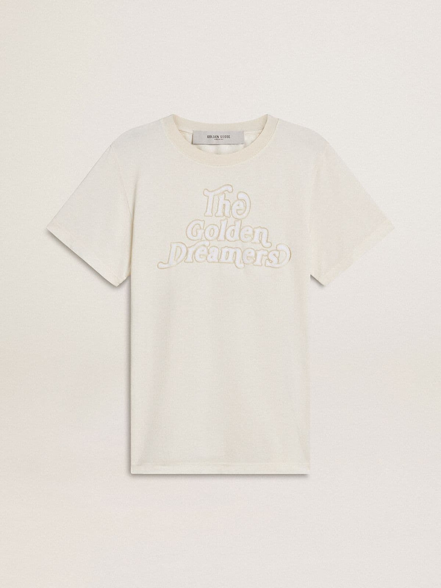 weißes damen-t-shirt mit aufdruck auf der vorderseite