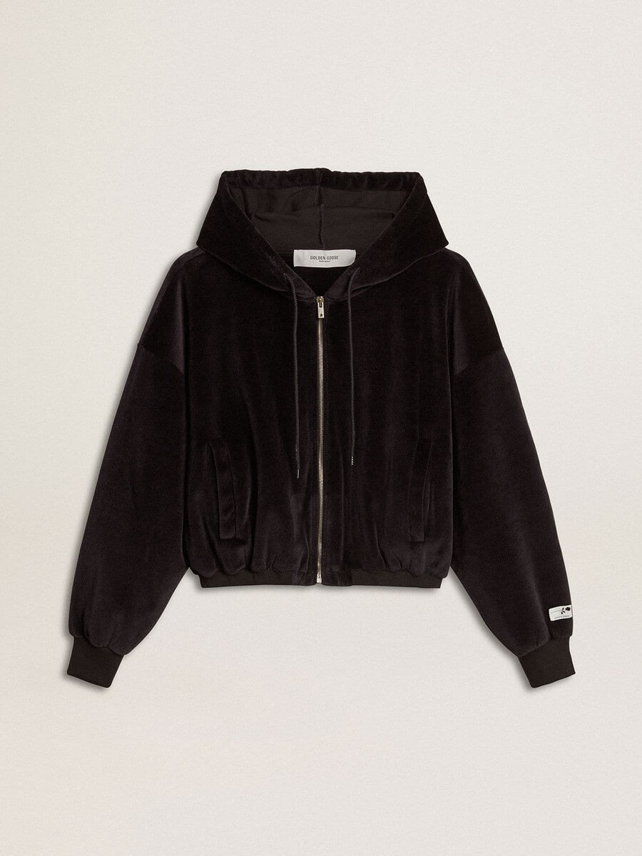 schwarzer damen-hoodie aus baumwollmischgewebe mit reißverschluss