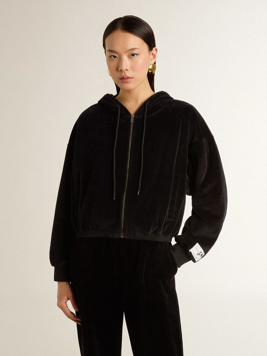 schwarzer damen-hoodie aus baumwollmischgewebe mit reißverschluss