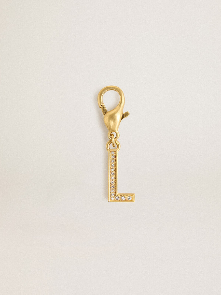 anhänger mit dem buchstaben l aus goldfarbenem messing mit kristallen
