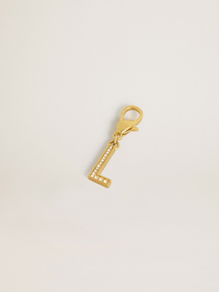 anhänger mit dem buchstaben l aus goldfarbenem messing mit kristallen