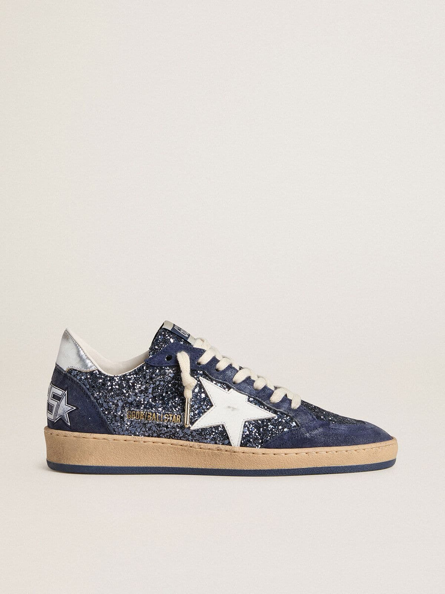 damen-ball star ltd in blauem glitzer mit lederstern und fersenlasche aus metallic-leder