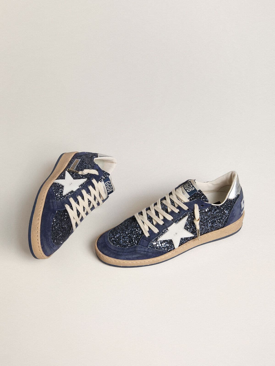 damen-ball star ltd in blauem glitzer mit lederstern und fersenlasche aus metallic-leder