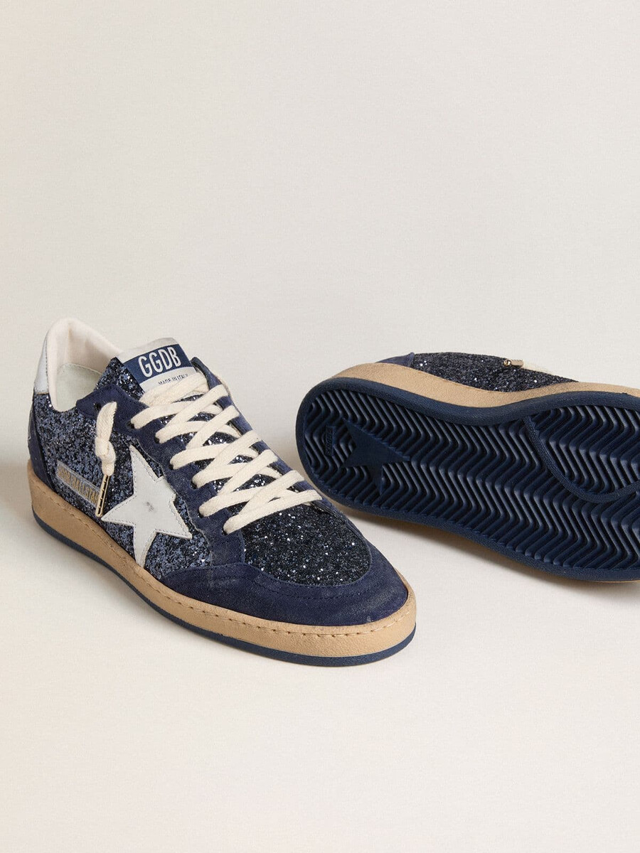 damen-ball star ltd in blauem glitzer mit lederstern und fersenlasche aus metallic-leder