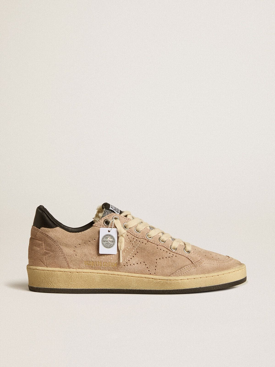 ball star ltd damenschuh aus puderrosa wildleder mit swarovski-kristallzunge und shearling-futter