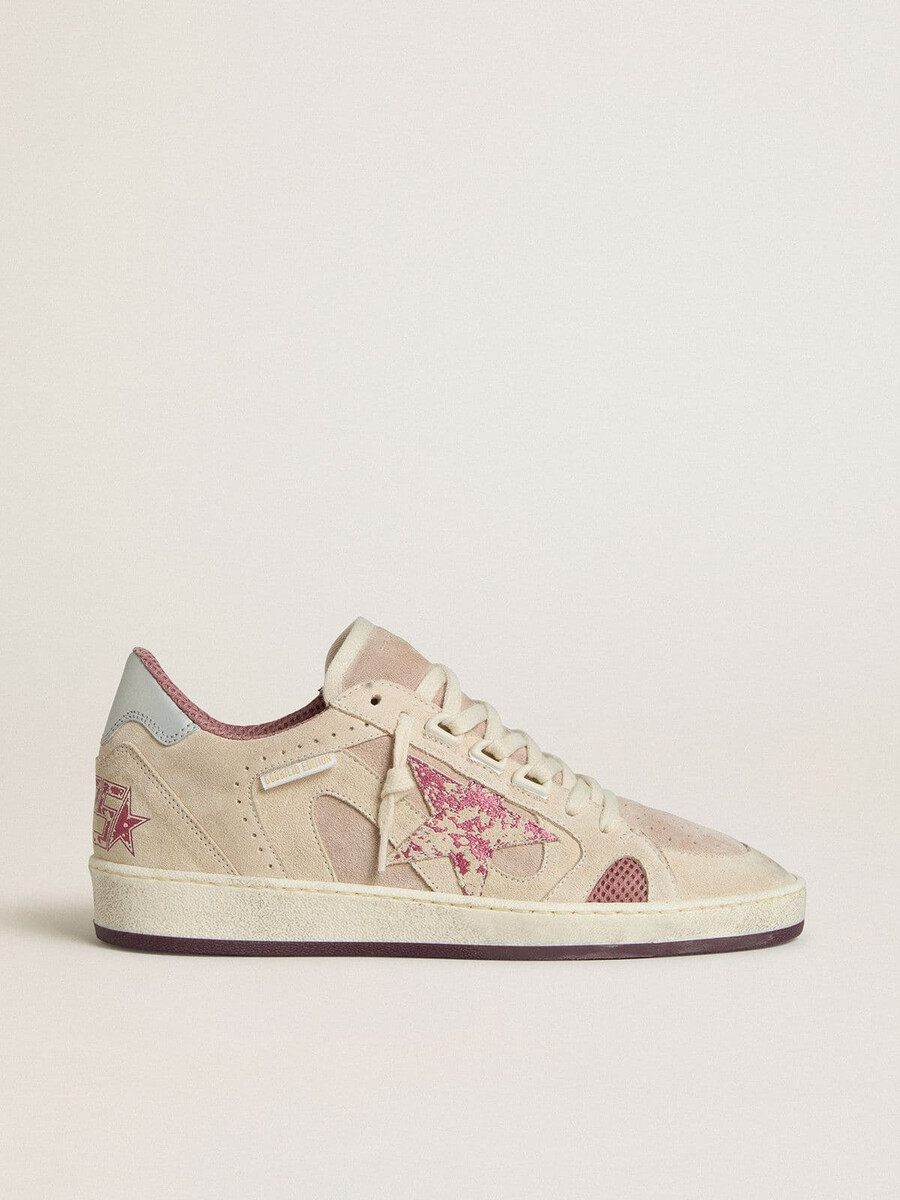 ball star ltd damenschuh aus rosa-beigem wildleder mit perlgrauer leder-fersenlasche