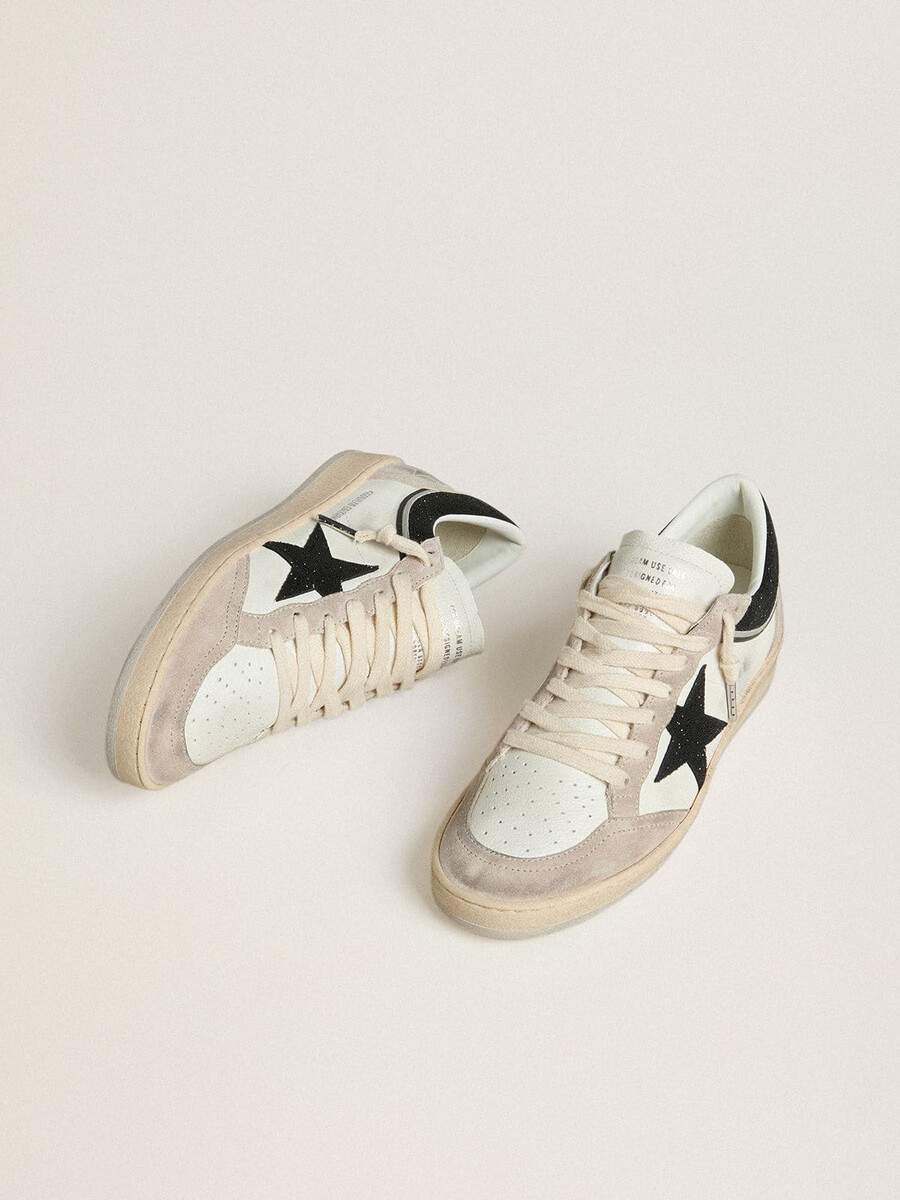 ball star ltd damenschuh aus nappaleder mit schwarzem kristallstern und beigen wildledereinsätzen