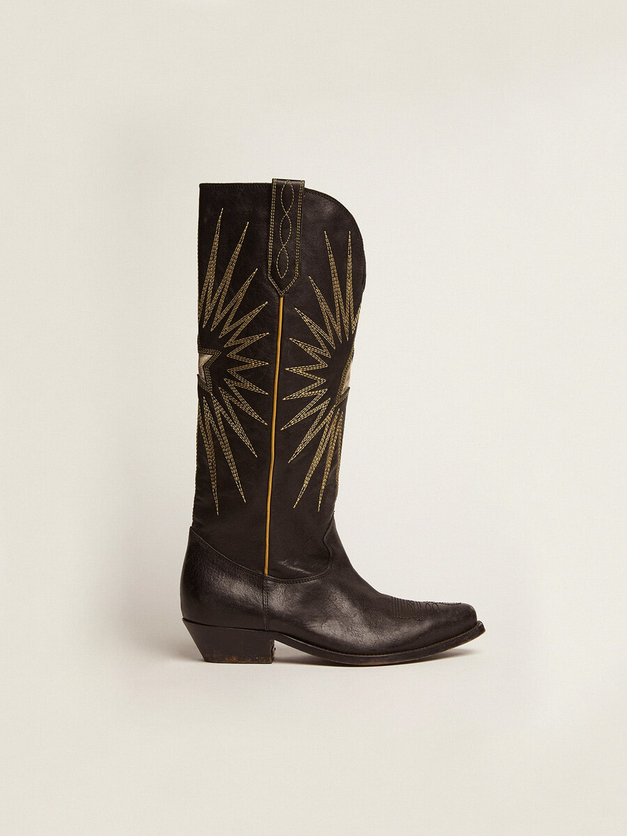 wish star stiefel aus schwarzem leder mit platinfarbenem laminiertem ledereinsatz und stern
