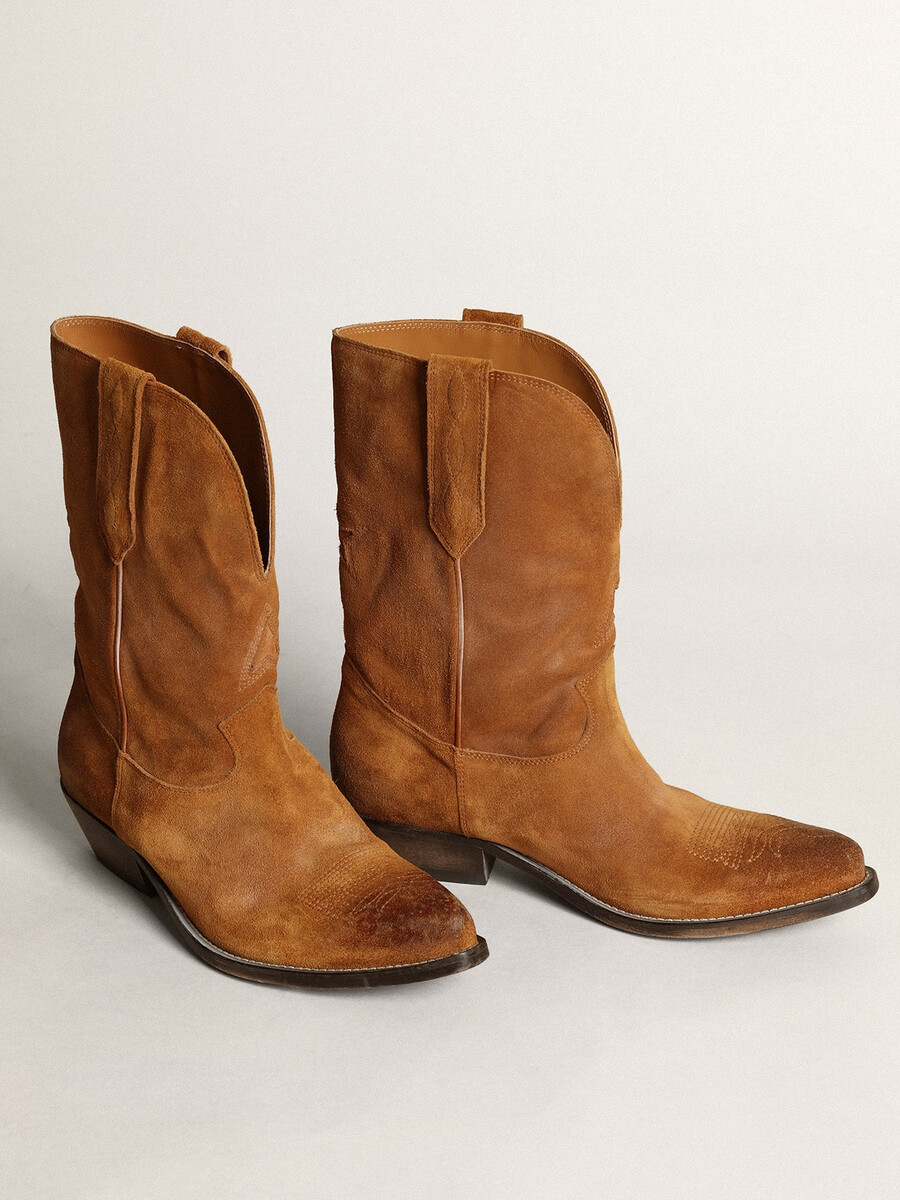 damen-stiefeletten aus tabakfarbenem wildleder mit sterneinsatz