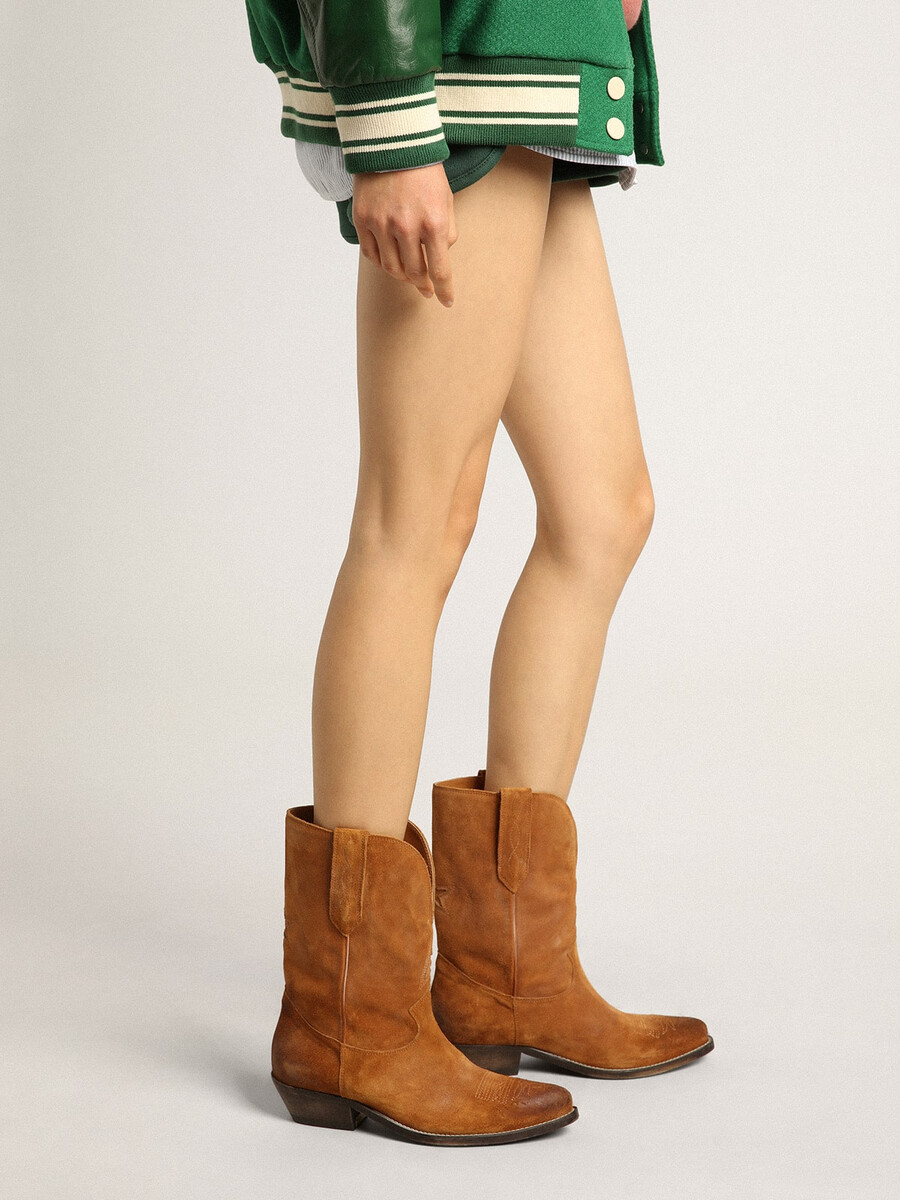 damen-stiefeletten aus tabakfarbenem wildleder mit sterneinsatz
