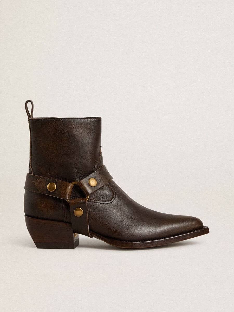 niedrige debbie-stiefel aus dunkelbraunem leder mit abnehmbarer schnalle