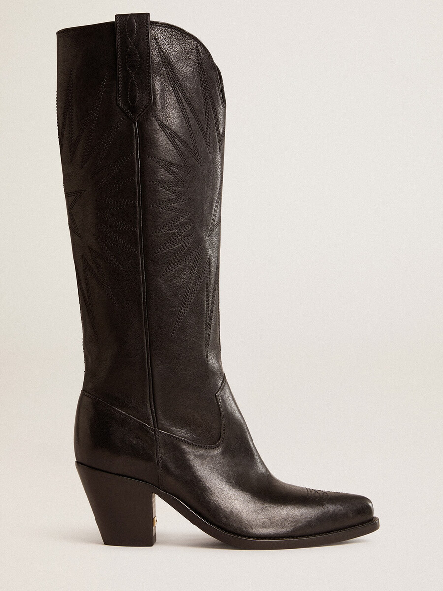 damenstiefel „wish star aus schwarzem leder mit sternenstickerei