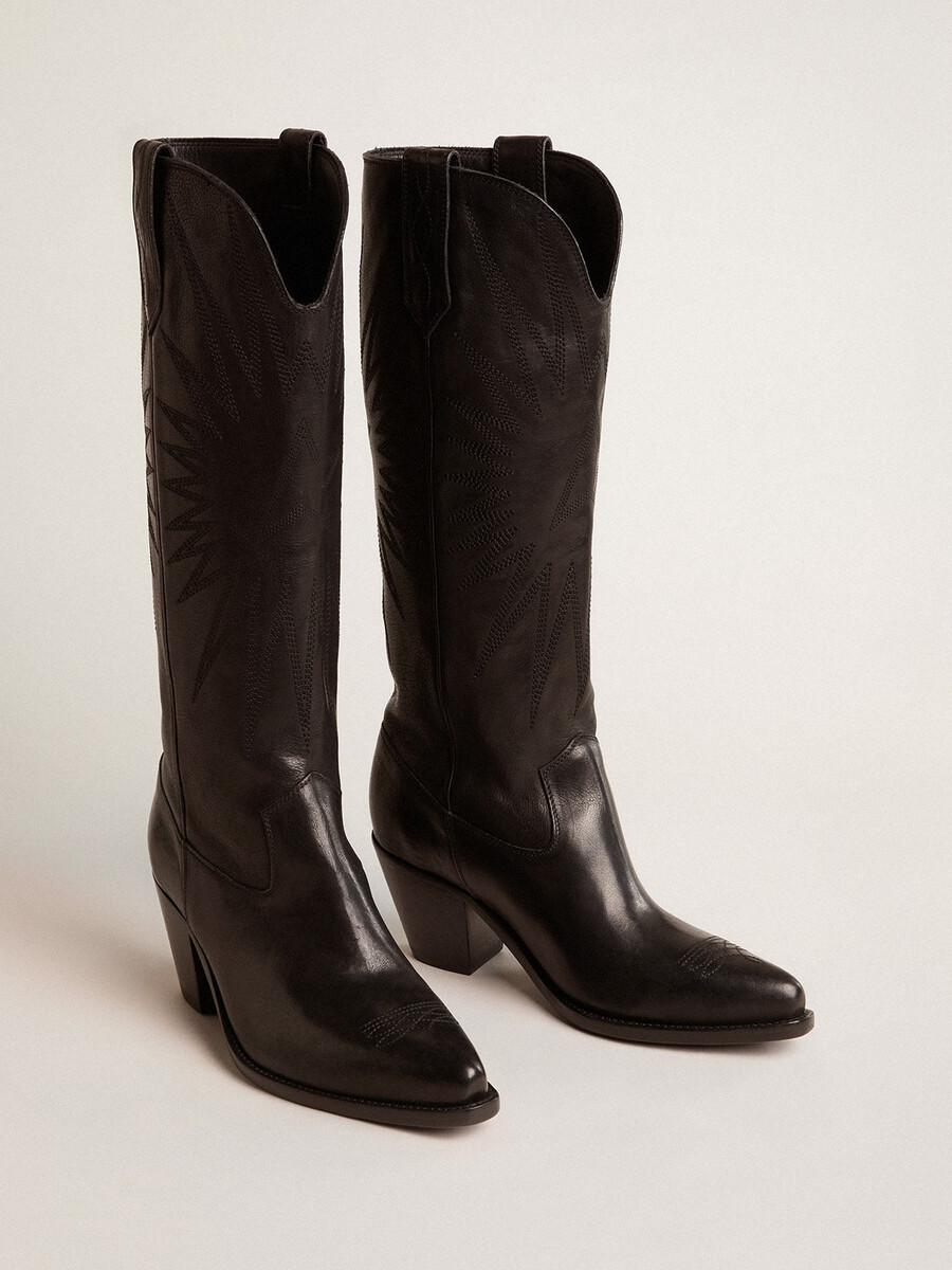 damenstiefel „wish star aus schwarzem leder mit sternenstickerei
