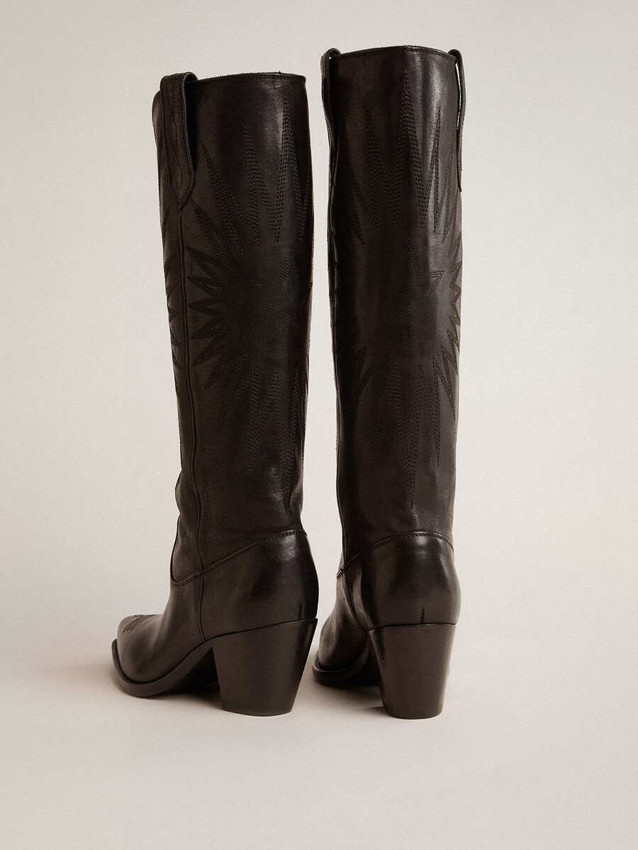 damenstiefel „wish star aus schwarzem leder mit sternenstickerei