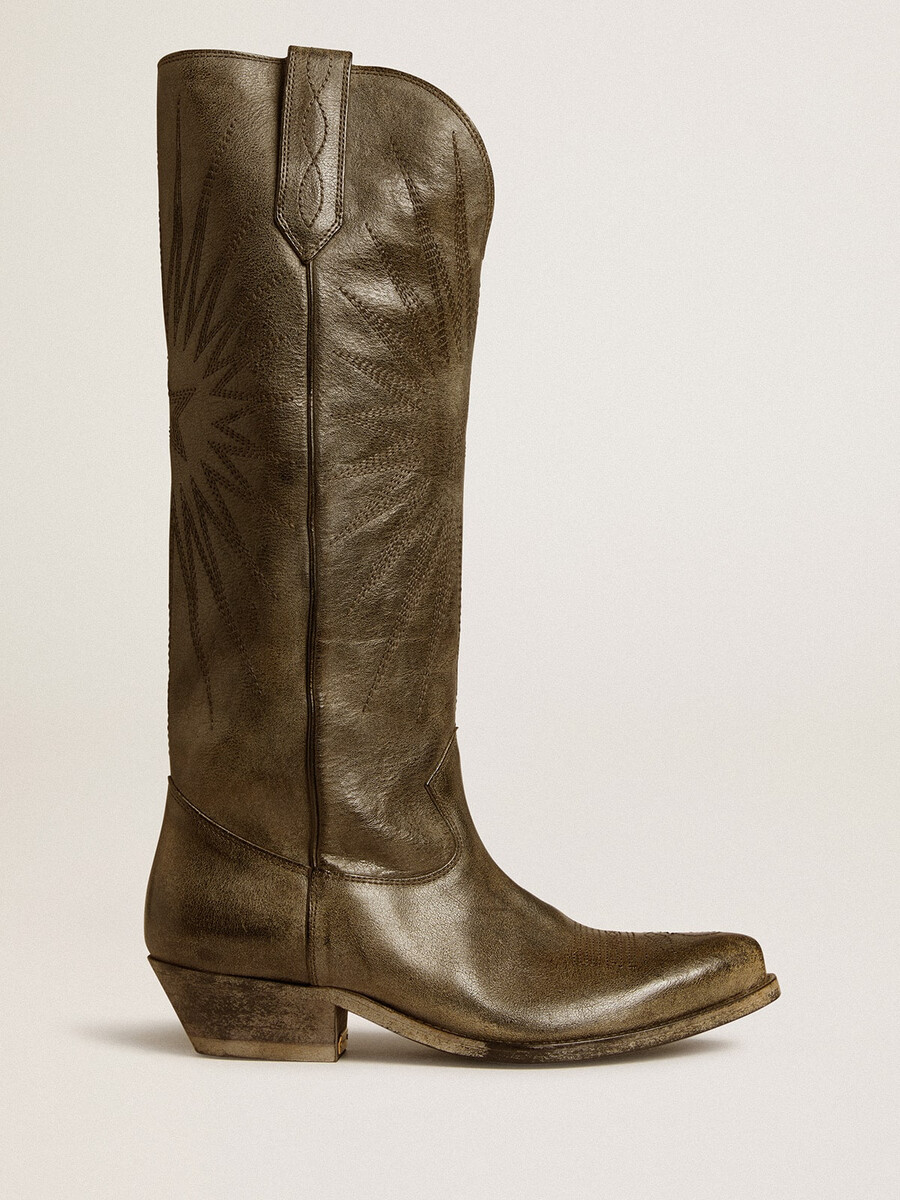 damenstiefel „wish star aus schwarzem leder mit sternenstickerei