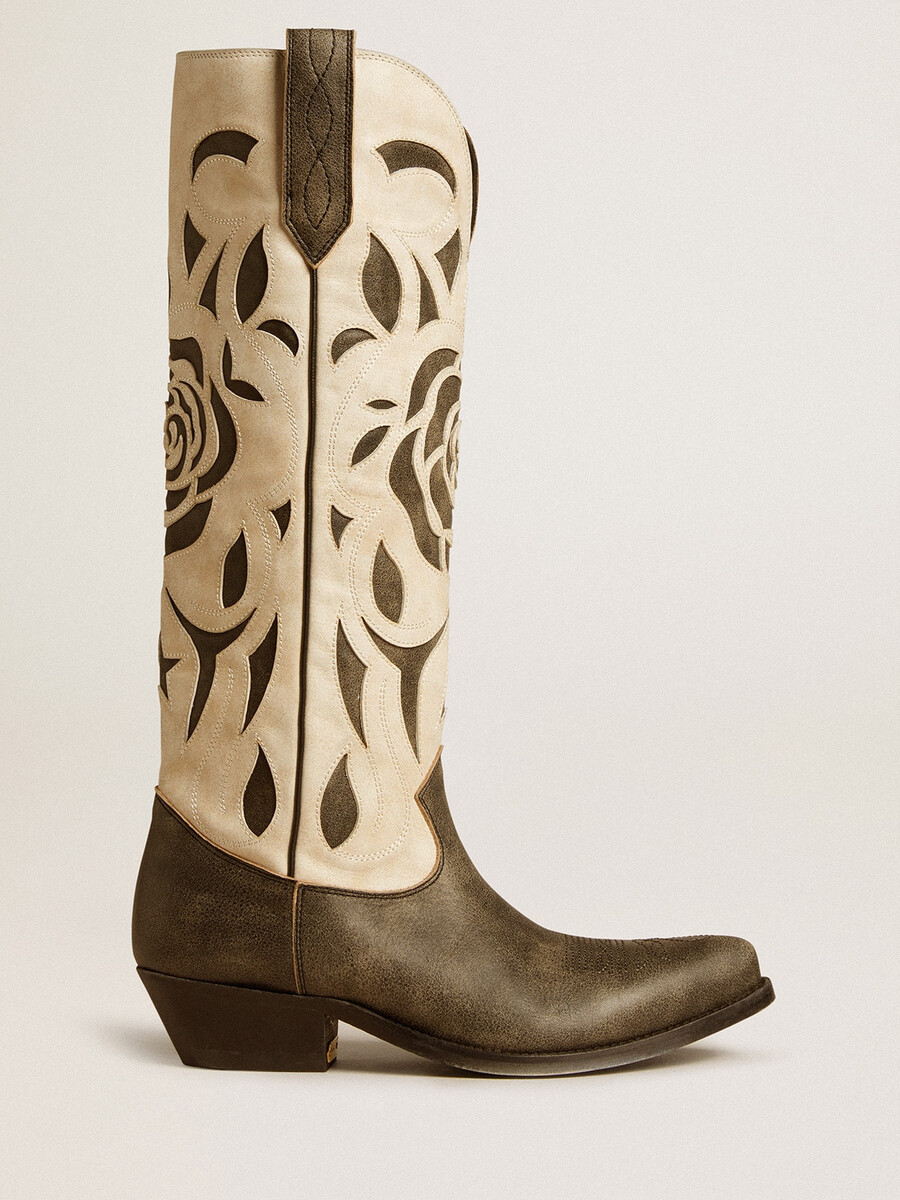 wish star stiefel aus schwarzem und weißem leder mit rosen- und sternintarsien
