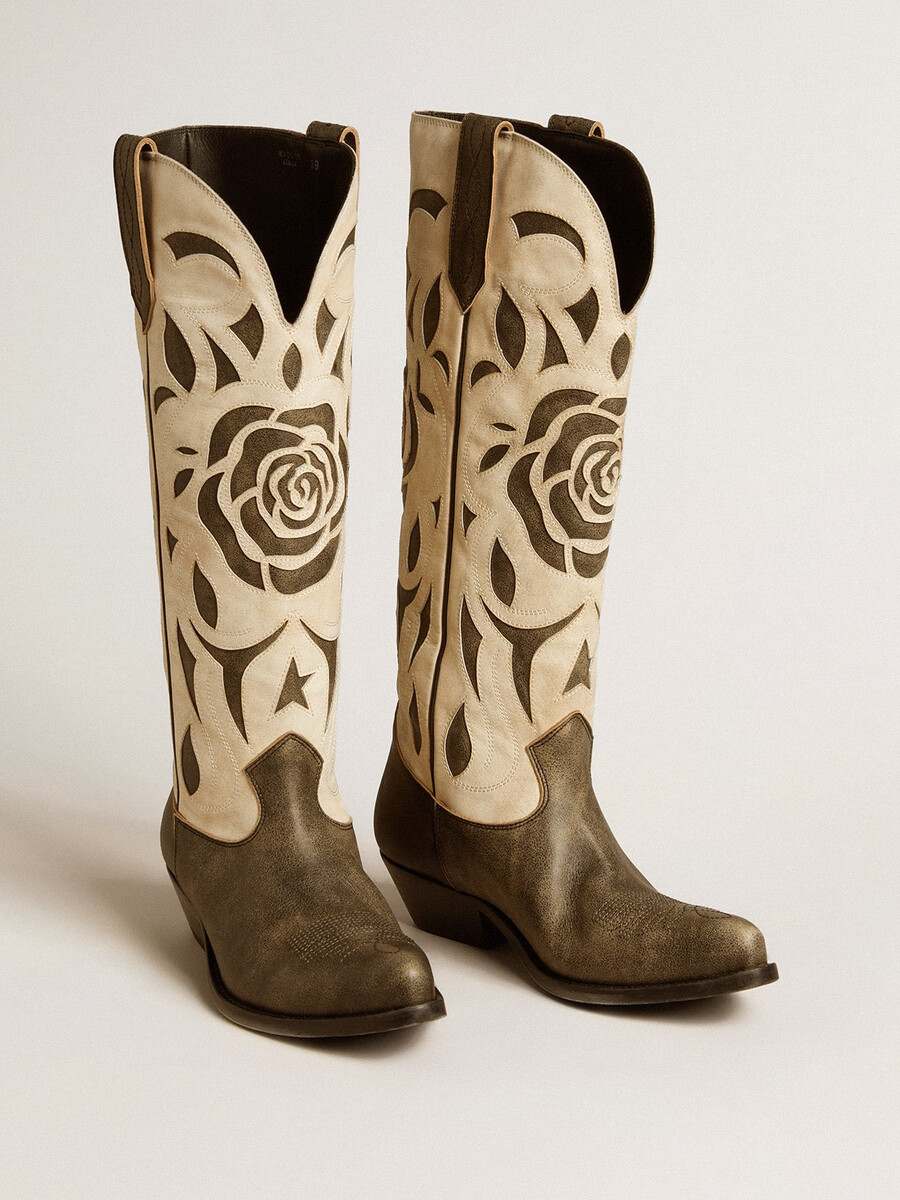 wish star stiefel aus schwarzem und weißem leder mit rosen- und sternintarsien