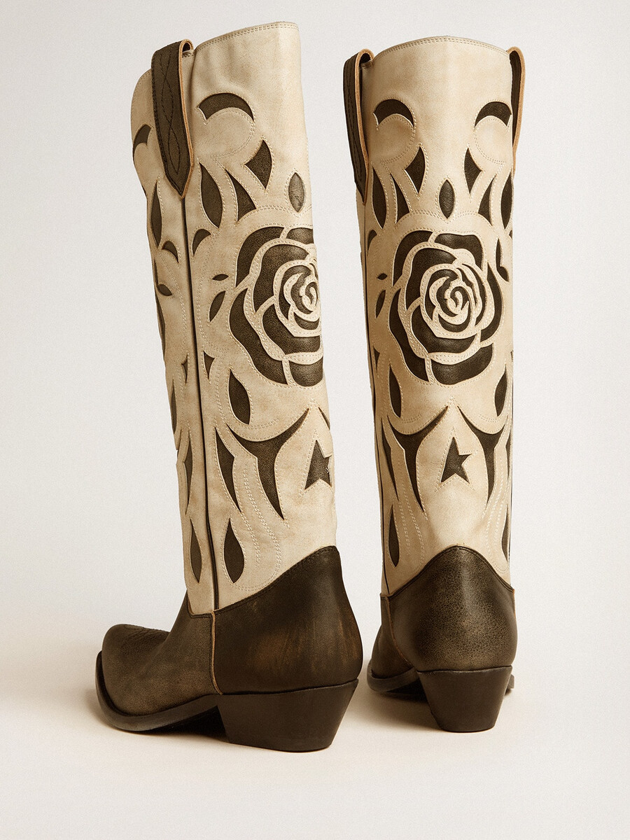 wish star stiefel aus schwarzem und weißem leder mit rosen- und sternintarsien