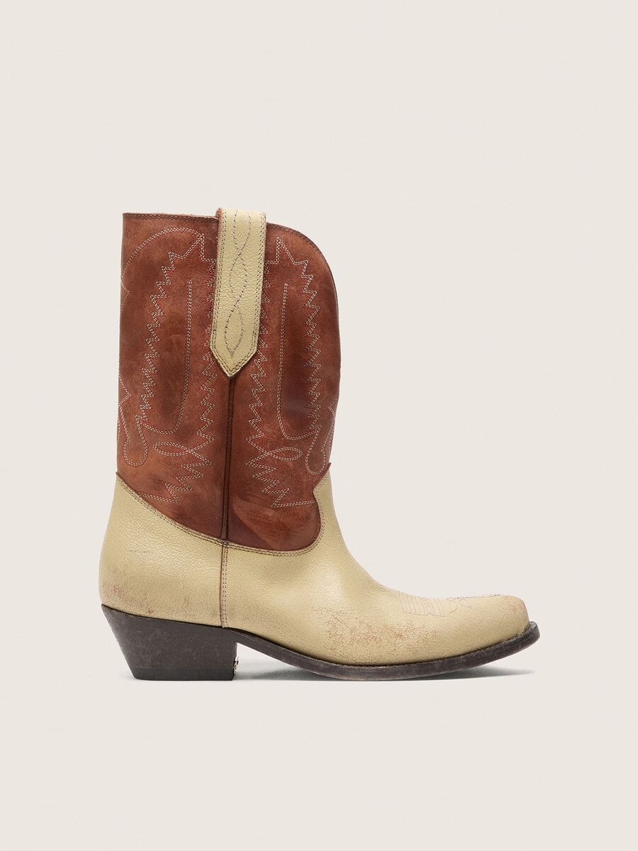 wish star damen-stiefeletten aus beigefarbenem und braunem leder mit stickerei
