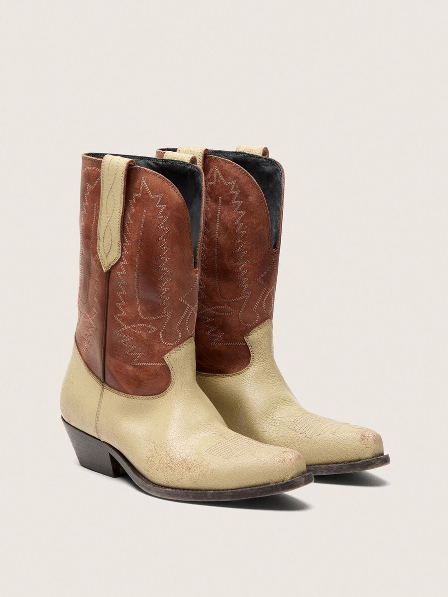 wish star damen-stiefeletten aus beigefarbenem und braunem leder mit stickerei