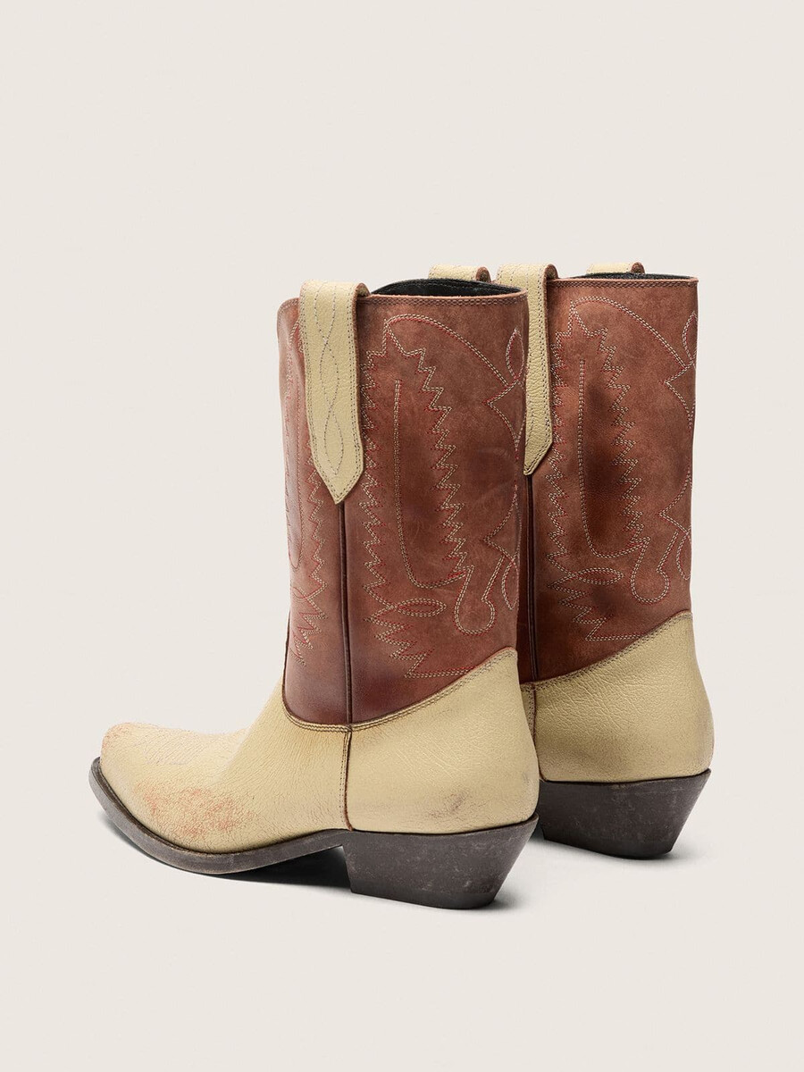 wish star damen-stiefeletten aus beigefarbenem und braunem leder mit stickerei