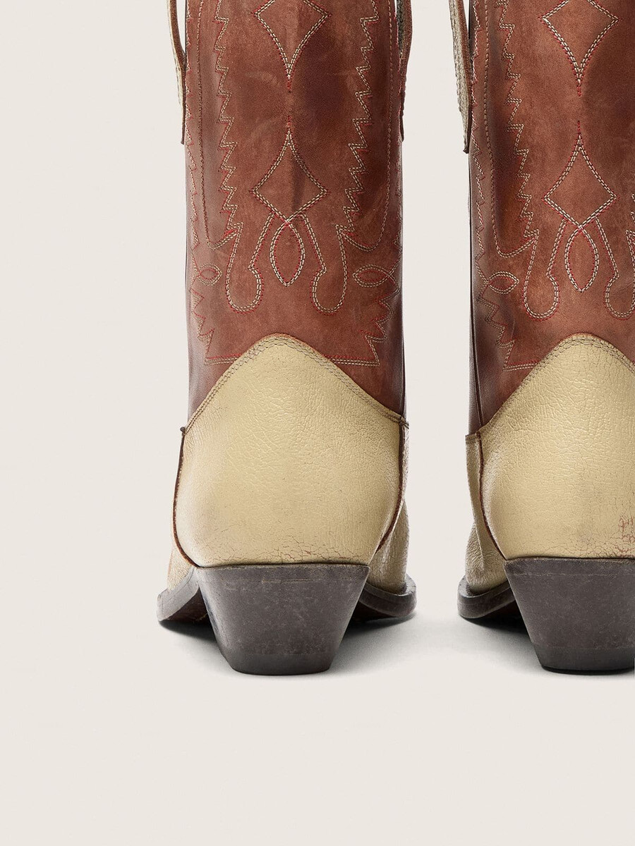 wish star damen-stiefeletten aus beigefarbenem und braunem leder mit stickerei