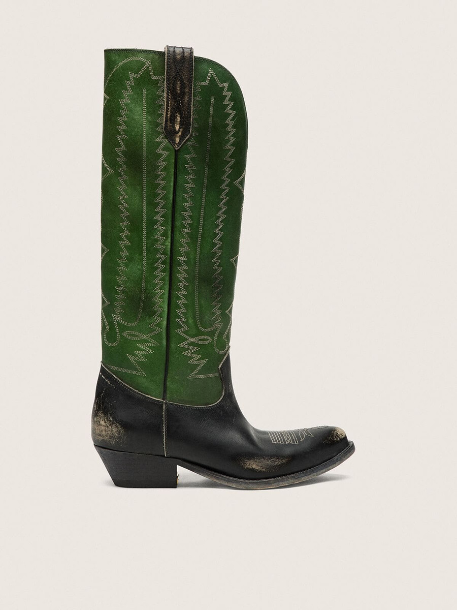 hohe wish star damenstiefel aus schwarzem leder mit grünem lederschaft und weißer stickerei