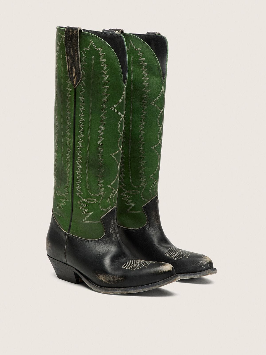 hohe wish star damenstiefel aus schwarzem leder mit grünem lederschaft und weißer stickerei