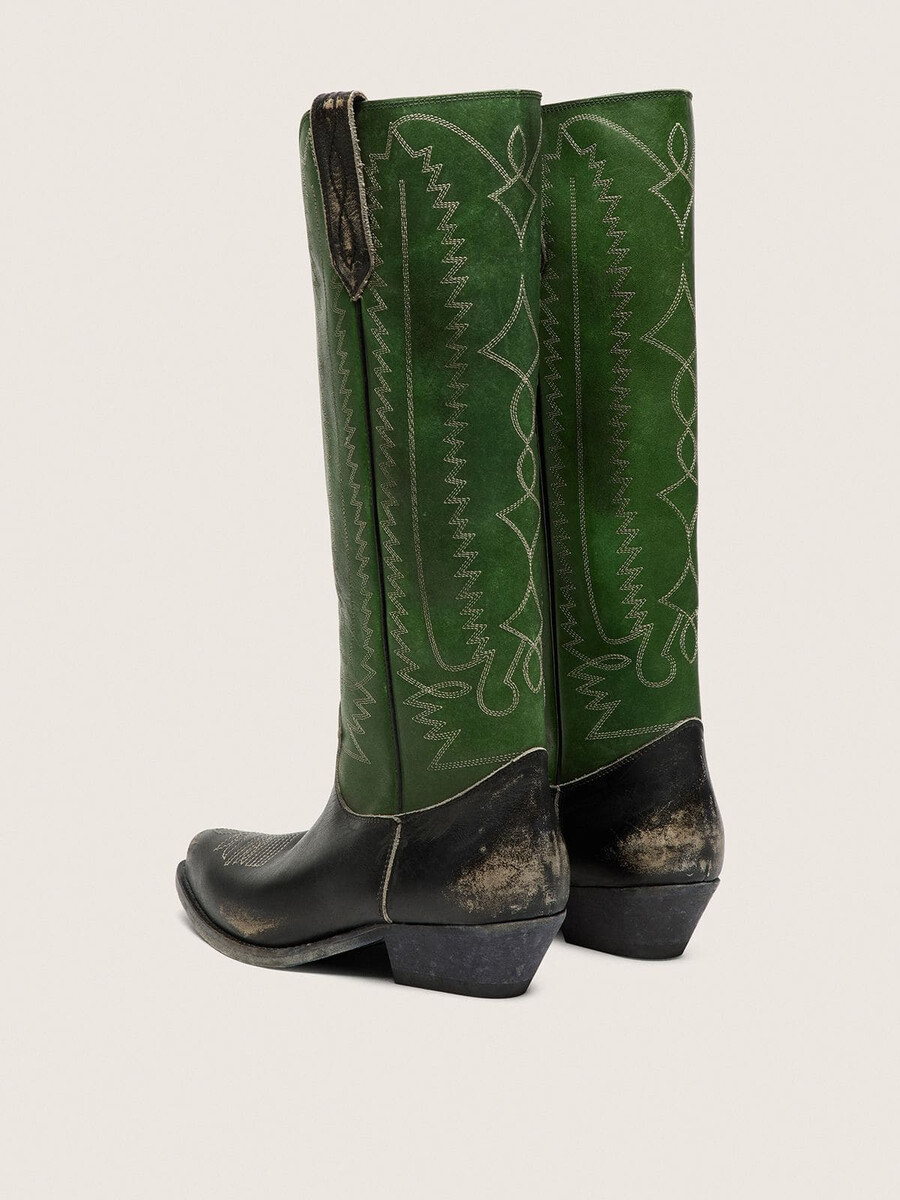 hohe wish star damenstiefel aus schwarzem leder mit grünem lederschaft und weißer stickerei