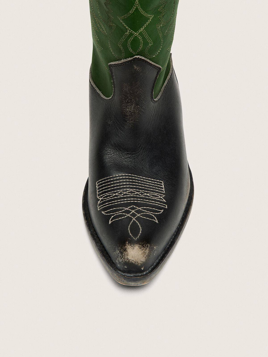 hohe wish star damenstiefel aus schwarzem leder mit grünem lederschaft und weißer stickerei