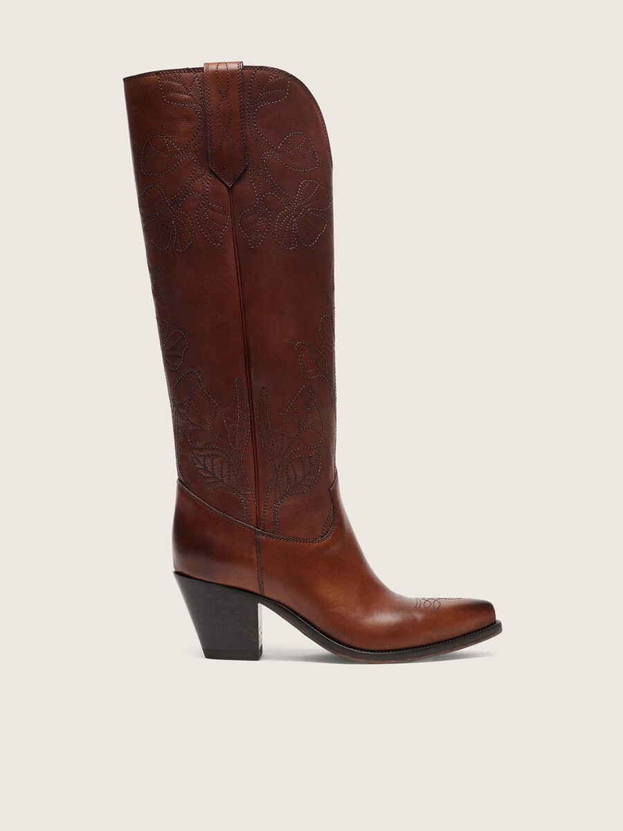 hohe damenstiefel „wish star aus braunem leder mit blumenstickerei