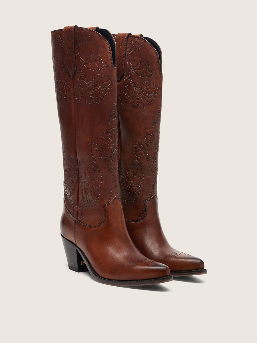 hohe damenstiefel „wish star aus braunem leder mit blumenstickerei