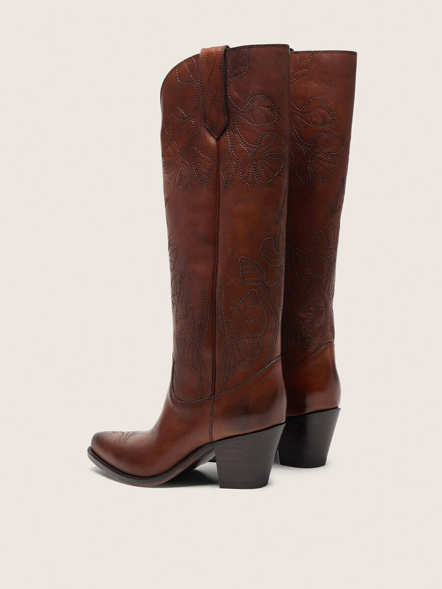 hohe damenstiefel „wish star aus braunem leder mit blumenstickerei