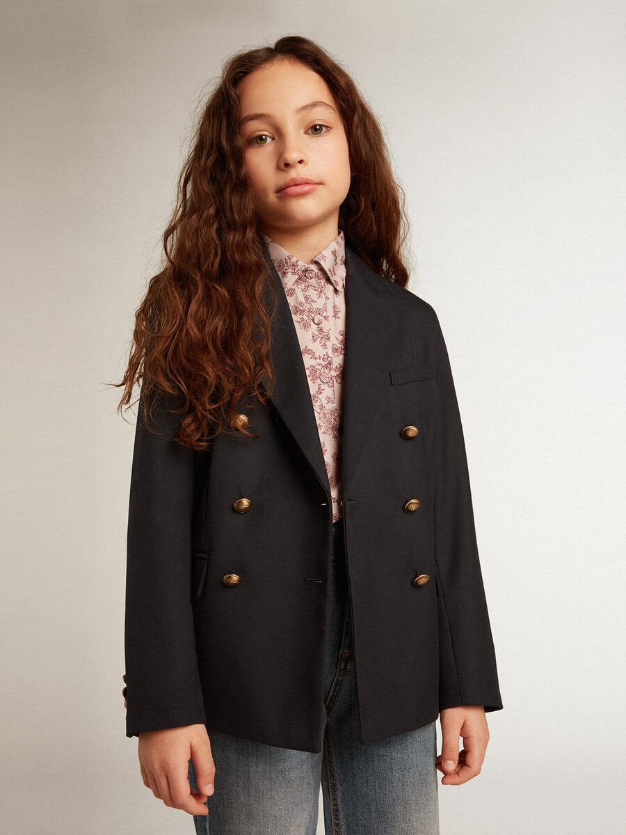 dunkelblauer zweireihiger blazer mit knöpfen für jungen