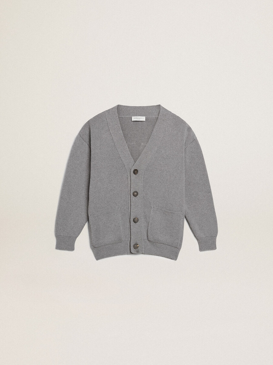 graue baumwollstrickjacke mit logo auf der rückseite