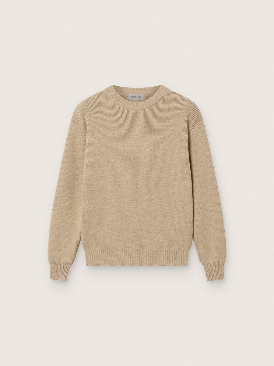 unisex-rippstrickpullover in goldbeige für kinder mit logo auf der rückseite
