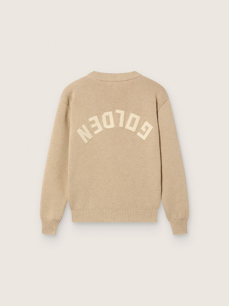 unisex-rippstrickpullover in goldbeige für kinder mit logo auf der rückseite