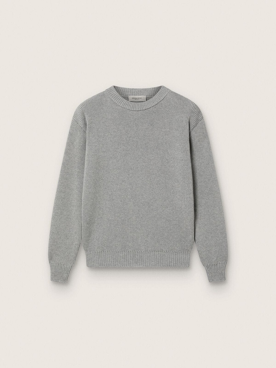 goldener unisex-pullover für kinder aus geripptem graumeliertem stoff mit logo auf der rückseite.