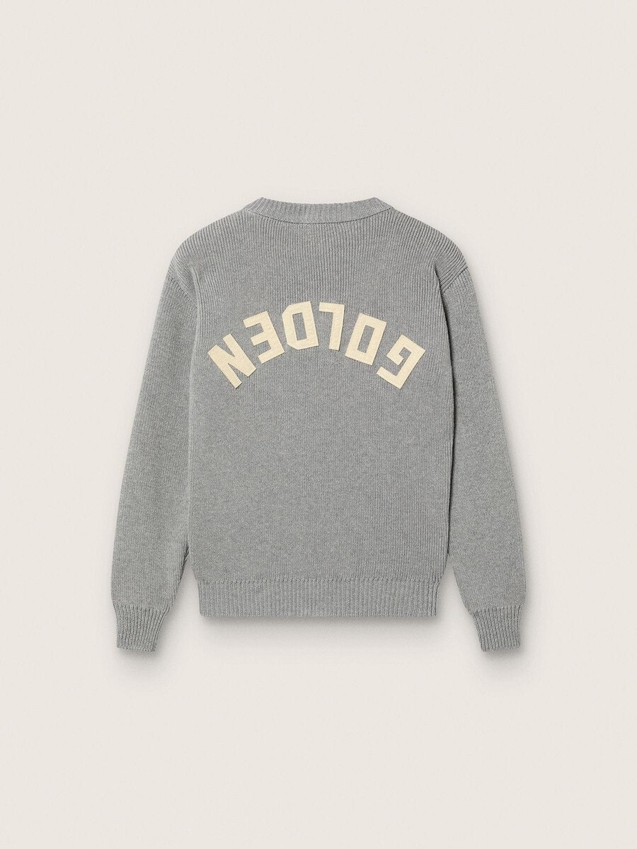 goldener unisex-pullover für kinder aus geripptem graumeliertem stoff mit logo auf der rückseite.