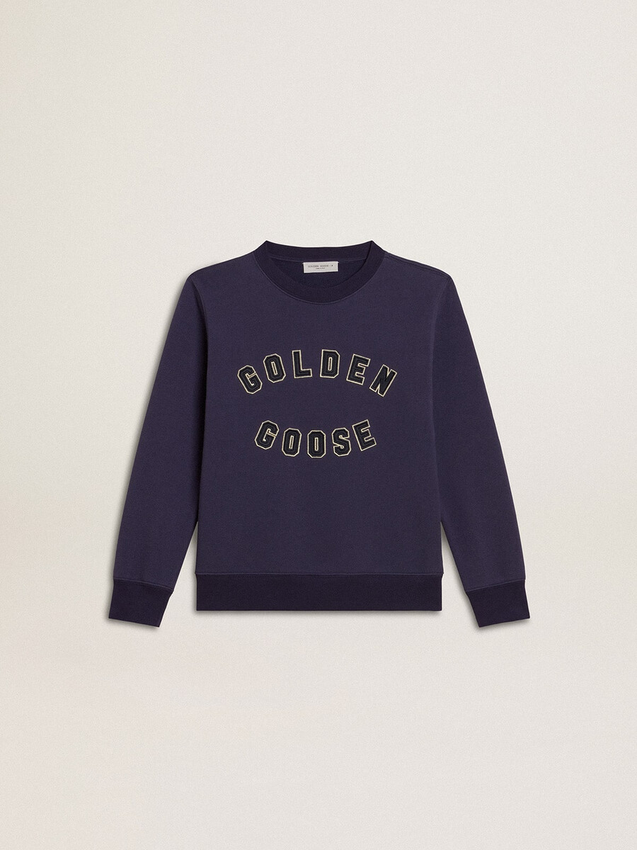 blauviolettes sweatshirt mit golden goose-schriftzug auf der vorderseite