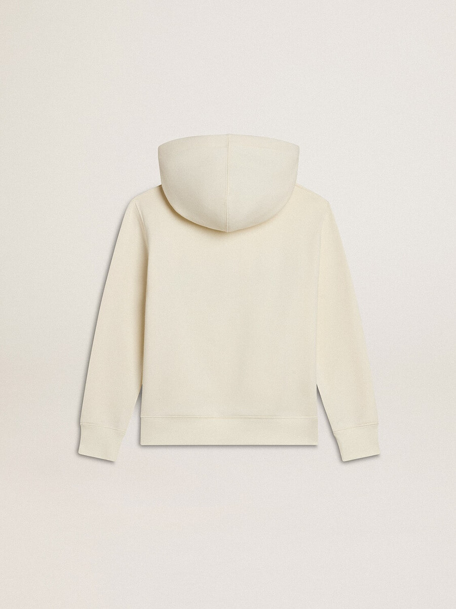 kapuzenpullover in verwaschenem weiß mit goldener stickerei auf der vorderseite
